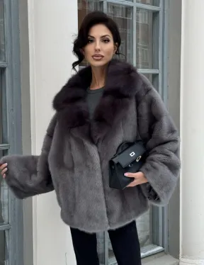 Автоледи шуба норковая с воротником из меха куницы - серый графит