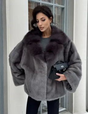 Автоледи шуба норковая с воротником из меха куницы - серый графит