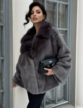 Автоледи шуба норковая с воротником из меха куницы - серый графит