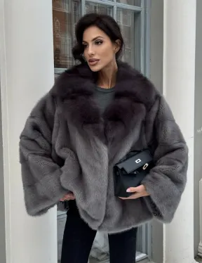 Автоледи шуба норковая с воротником из меха куницы - серый графит