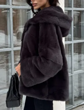 Меховой полушубок автоледи с капюшоном из меха норки графит