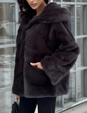 Меховой полушубок автоледи с капюшоном из меха норки графит