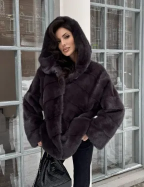 Меховой полушубок автоледи с капюшоном из меха норки графит