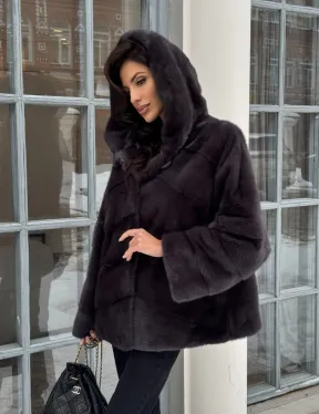 Меховой полушубок автоледи с капюшоном из меха норки графит