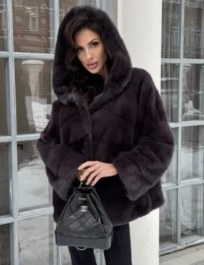 Меховой полушубок автоледи с капюшоном из меха норки графит