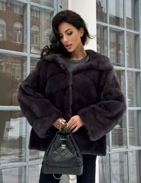 Меховой полушубок автоледи с капюшоном из меха норки графит