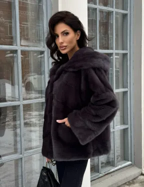 Меховой полушубок автоледи с капюшоном из меха норки графит