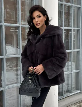 Меховой полушубок автоледи с капюшоном из меха норки графит