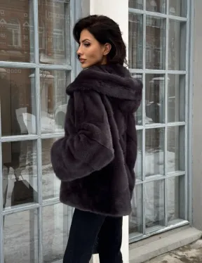 Меховой полушубок автоледи с капюшоном из меха норки графит