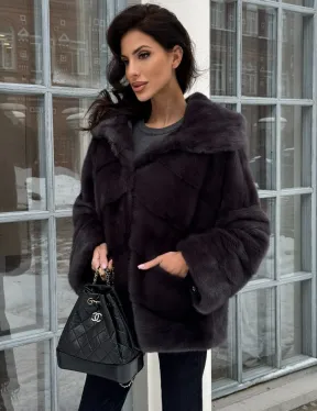 Меховой полушубок автоледи с капюшоном из меха норки графит