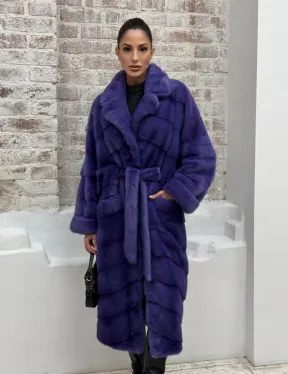 Норковая шуба кимоно с английским воротником в фиолетовом цвете