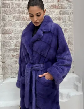 Норковая шуба кимоно с английским воротником в фиолетовом цвете