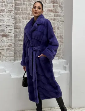 Норковая шуба кимоно с английским воротником в фиолетовом цвете