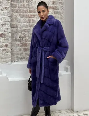 Норковая шуба кимоно с английским воротником в фиолетовом цвете