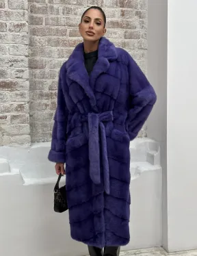 Норковая шуба кимоно с английским воротником в фиолетовом цвете