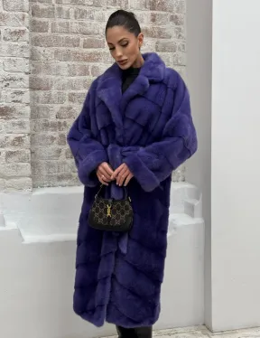 Норковая шуба кимоно с английским воротником в фиолетовом цвете