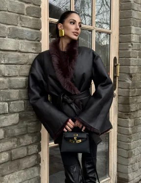 Двухсторонняя женская дубленка из итальянской тосканы Brown