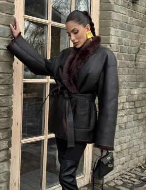 Двухсторонняя женская дубленка из итальянской тосканы Brown