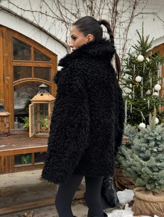 Черная короткая шуба - дубленка из испанской овчины «Тиградо»