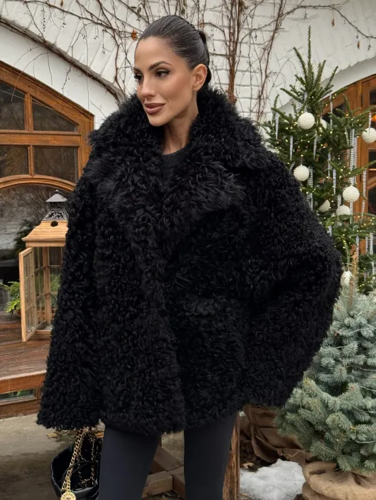 Черная короткая шуба - дубленка из испанской овчины «Тиградо»