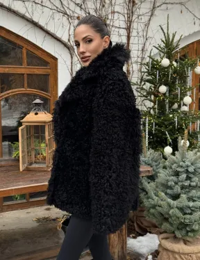 Черная короткая шуба - дубленка из испанской овчины «Тиградо»