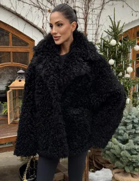Черная короткая шуба - дубленка из испанской овчины «Тиградо»
