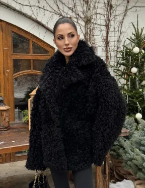 Черная короткая шуба - дубленка из испанской овчины «Тиградо»
