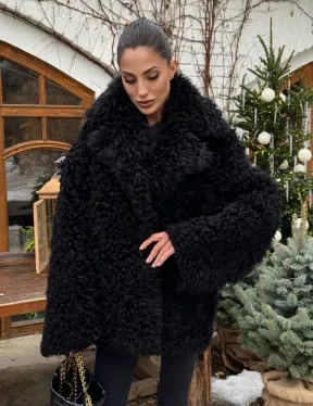 Черная короткая шуба - дубленка из испанской овчины «Тиградо»