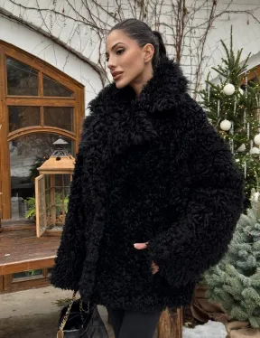 Черная короткая шуба - дубленка из испанской овчины «Тиградо»