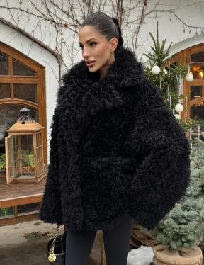 Черная короткая шуба - дубленка из испанской овчины «Тиградо»