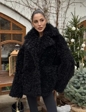 Черная короткая шуба - дубленка из испанской овчины «Тиградо»