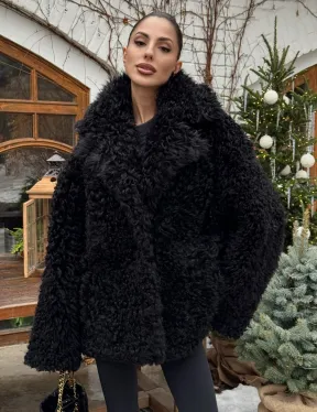 Черная короткая шуба - дубленка из испанской овчины «Тиградо»