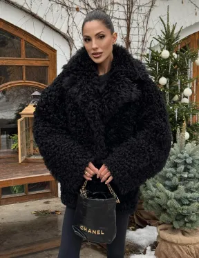 Черная короткая шуба - дубленка из испанской овчины «Тиградо»