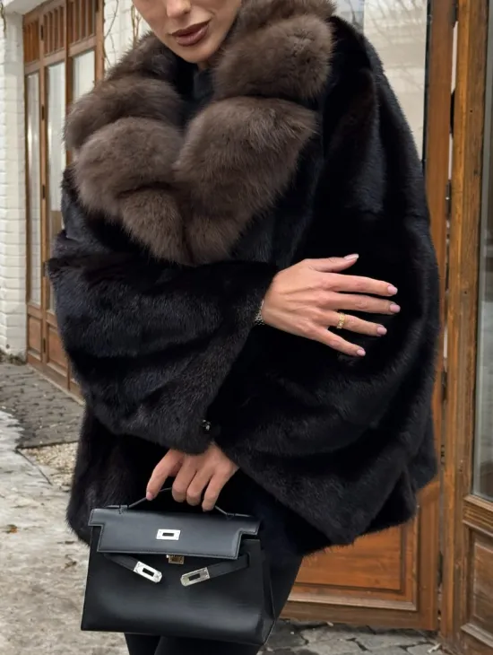 Полушубок норковый оверсайз с воротником и меха куницы