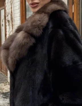 Полушубок норковый оверсайз с воротником и меха куницы