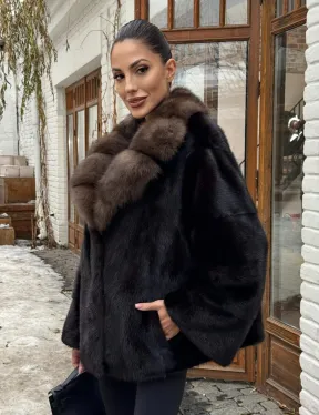 Полушубок норковый оверсайз с воротником и меха куницы