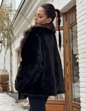Полушубок норковый оверсайз с воротником и меха куницы
