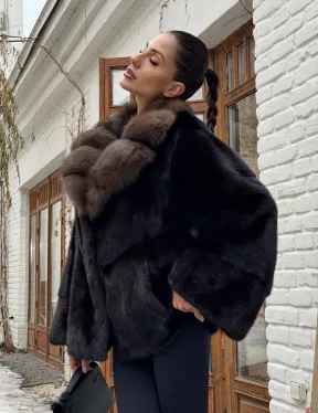 Полушубок норковый оверсайз с воротником и меха куницы