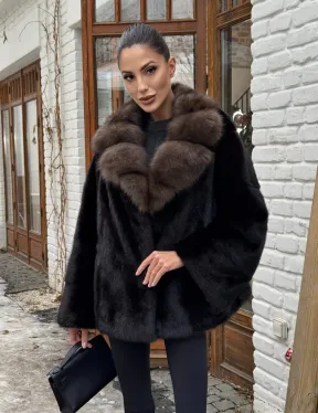 Полушубок норковый оверсайз с воротником и меха куницы
