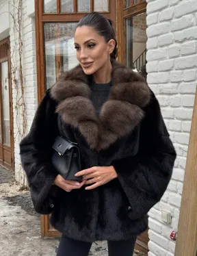 Полушубок норковый оверсайз с воротником и меха куницы