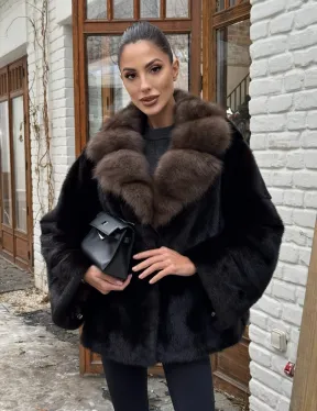 Полушубок норковый оверсайз с воротником и меха куницы