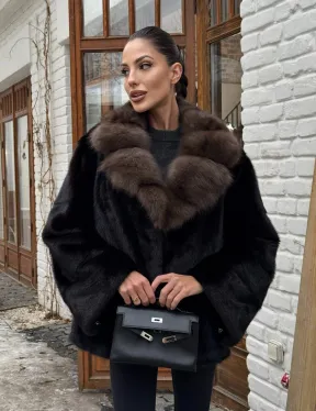 Полушубок норковый оверсайз с воротником и меха куницы