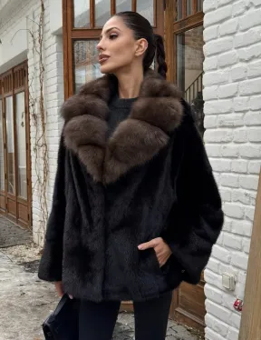 Полушубок норковый оверсайз с воротником и меха куницы