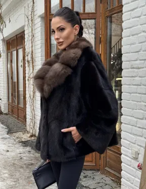 Полушубок норковый оверсайз с воротником и меха куницы