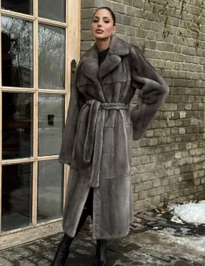 Прямая норковая шуба Luxury Line с меховым поясом и шлицами по бокам