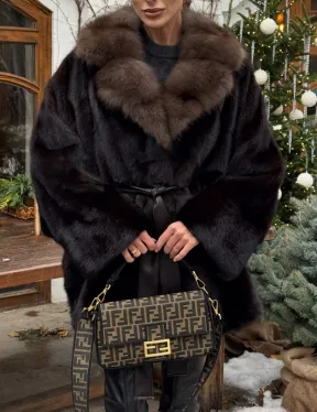 Норковый полушубок Mahogany с воротником из меха куницы - Летучая мышь