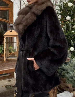 Норковый полушубок Mahogany с воротником из меха куницы - Летучая мышь