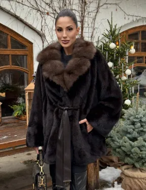 Норковый полушубок Mahogany с воротником из меха куницы - Летучая мышь