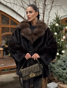 Норковый полушубок Mahogany с воротником из меха куницы - Летучая мышь