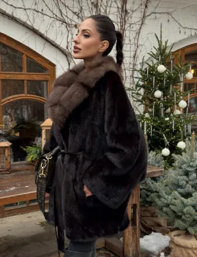 Норковый полушубок Mahogany с воротником из меха куницы - Летучая мышь